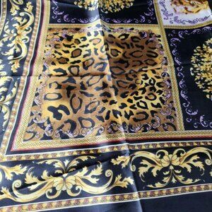 Vintage Chinese Silk Abstract Square Scarf Shawl Black Gold w/ Hologram 39 x 39